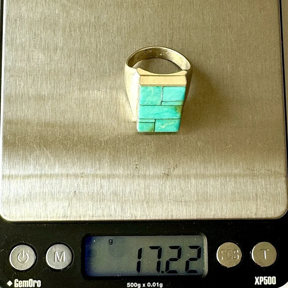 Navajo Turquoise Mens‎ Ring Sz 11 Signed WG Sterling Inlay Rect Native American